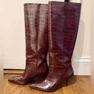 Zara Dark Maroon/Brown Croc-Patterned Heeled Boots